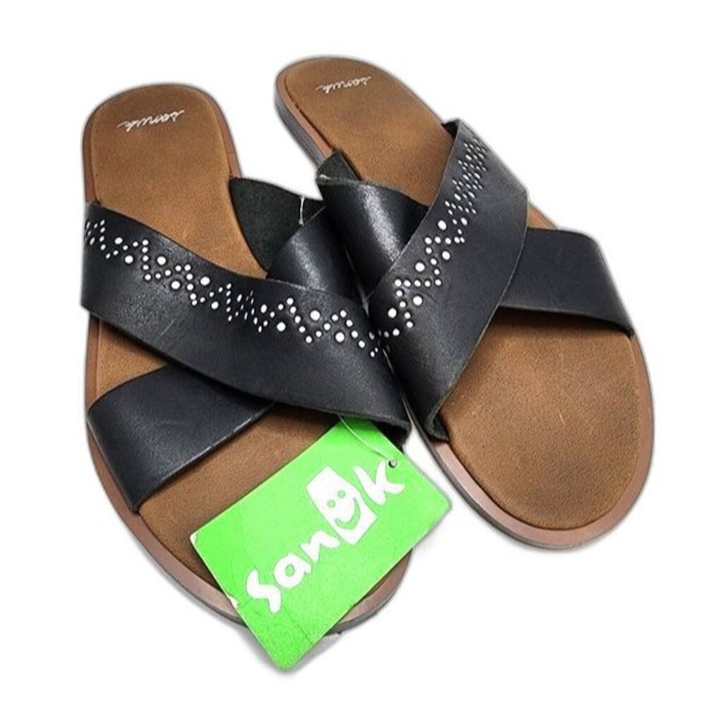 Sanuk Yoga Adley 1019770 Black & Silver Flat Slide Sandals Size 7